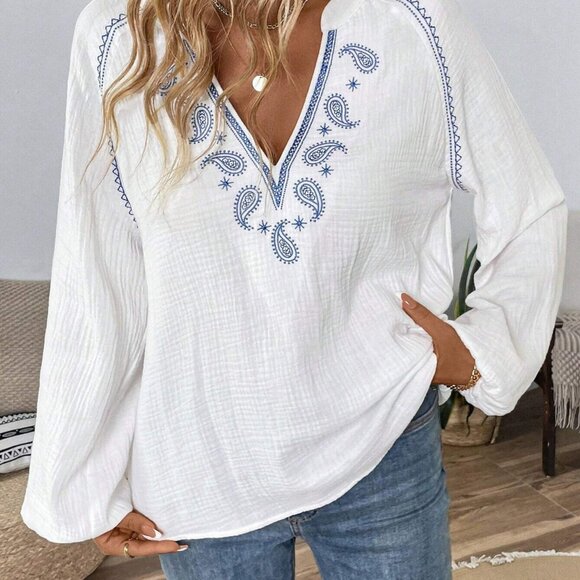 Paisley Pattern Notched Long Sleeve Blouse - Picture 3 of 6